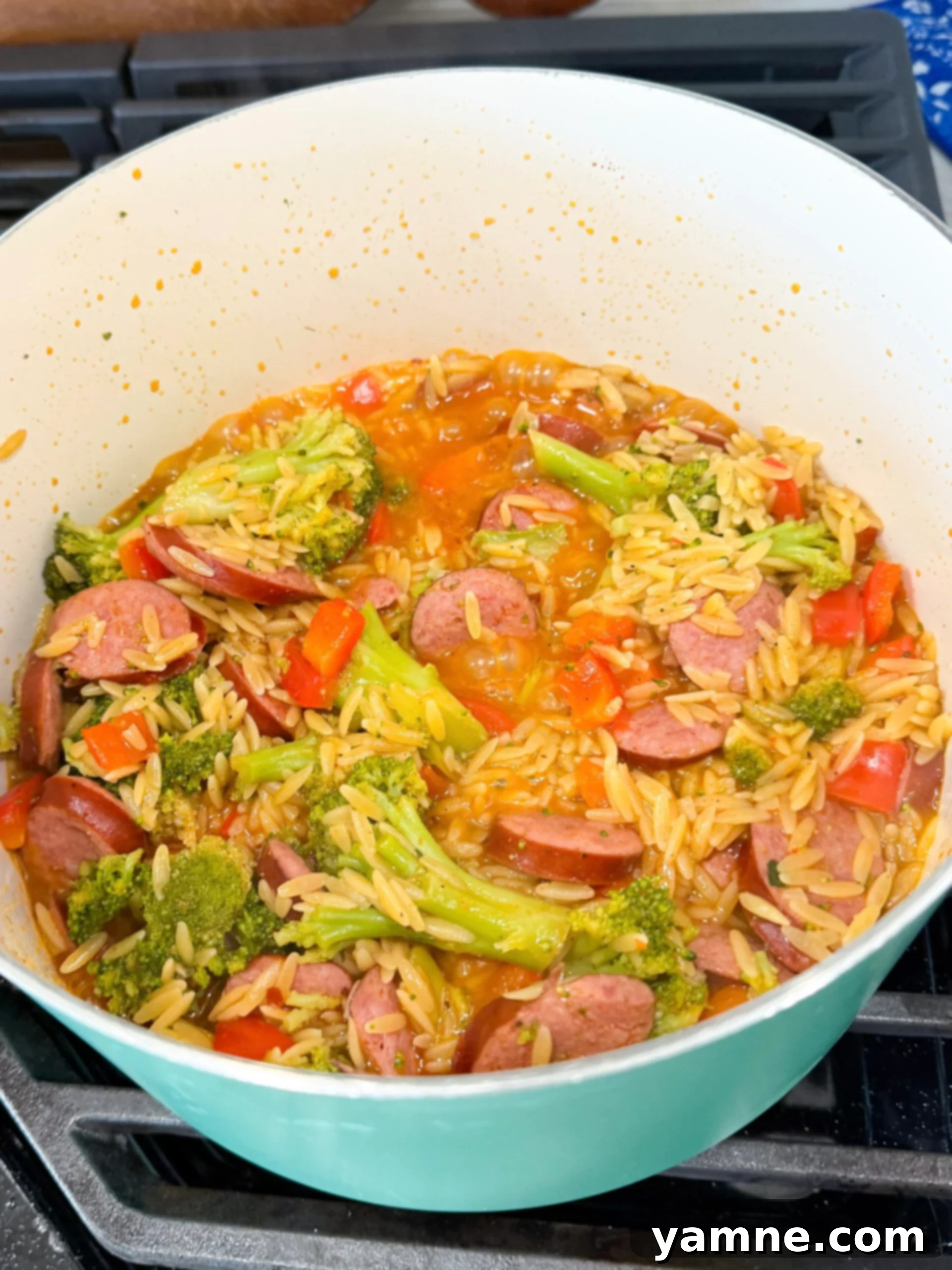 Finished One-Pot Orzo with Kielbasa