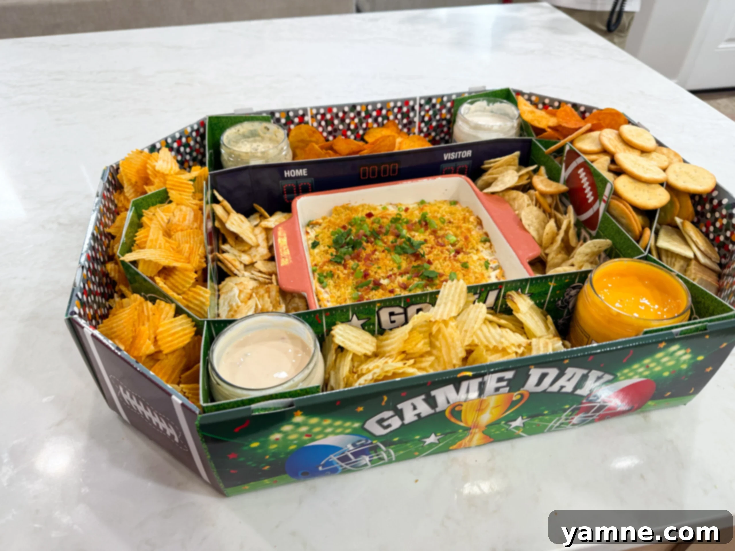 Jalapeño Popper Dip served with chips and crackers